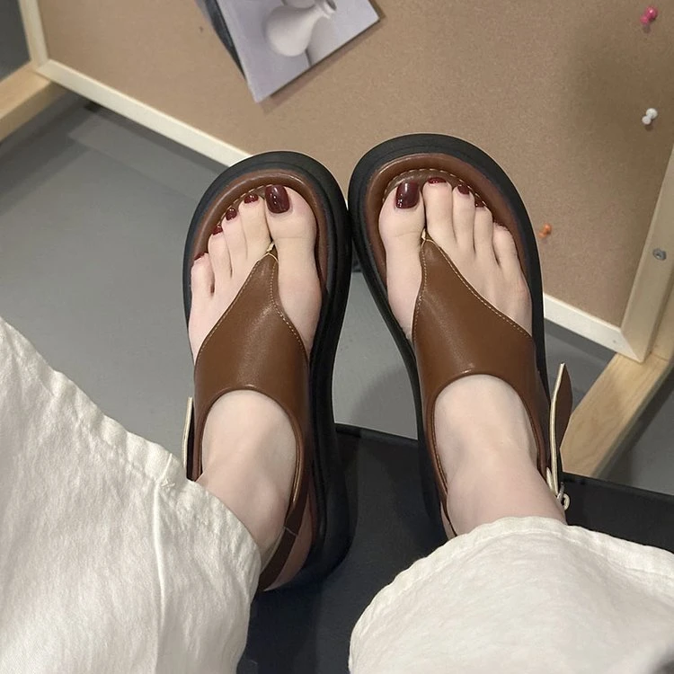 法式时尚复古厚底夹脚凉鞋女2025新款夏季简约百搭软底罗马沙滩鞋