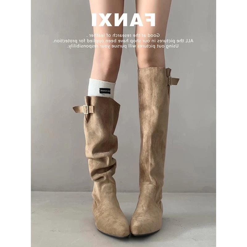 【香港&CUFK】牛皮版~大筒围显瘦长筒堆堆靴女秋冬长靴复古尖头粗