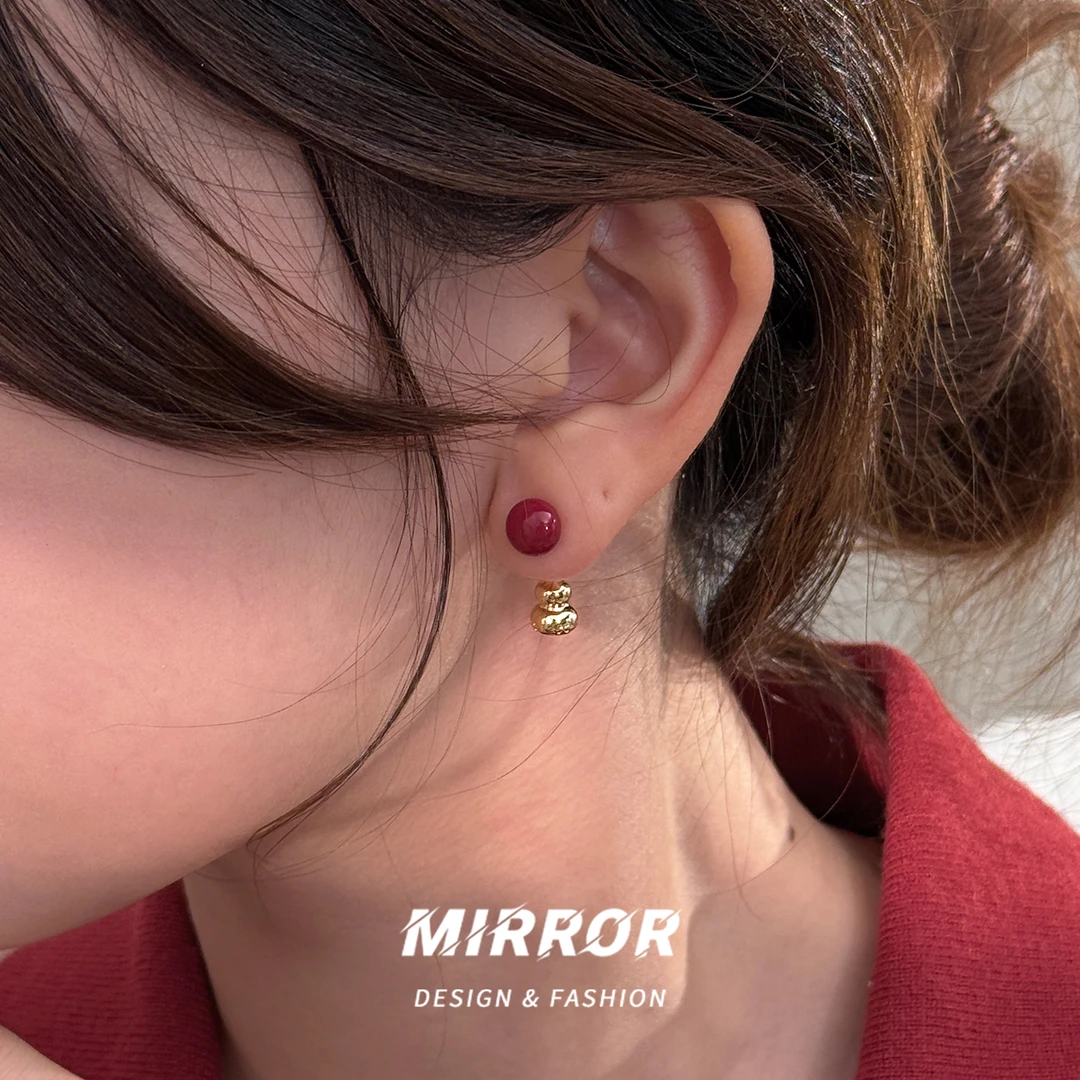 小麋人 925银耳饰 CE9581葫芦后挂红球耳钉女耳环耳饰银针小众