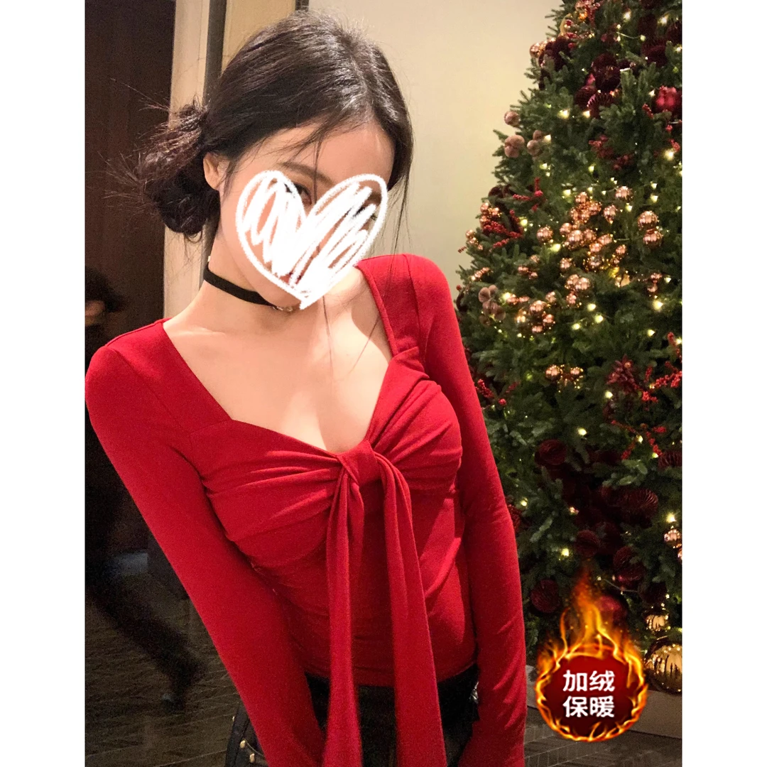 新春穿搭加绒系带长袖t恤女冬季纯欲风性感收腰显瘦褶皱短款上衣