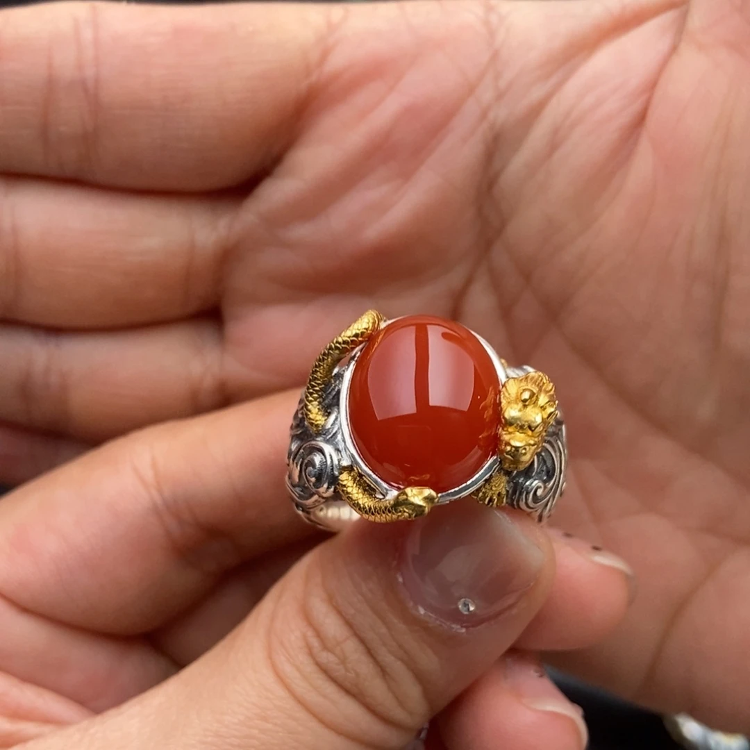 南红玛瑙银S925镀金镶嵌戒指S925银南红玛瑙饰品