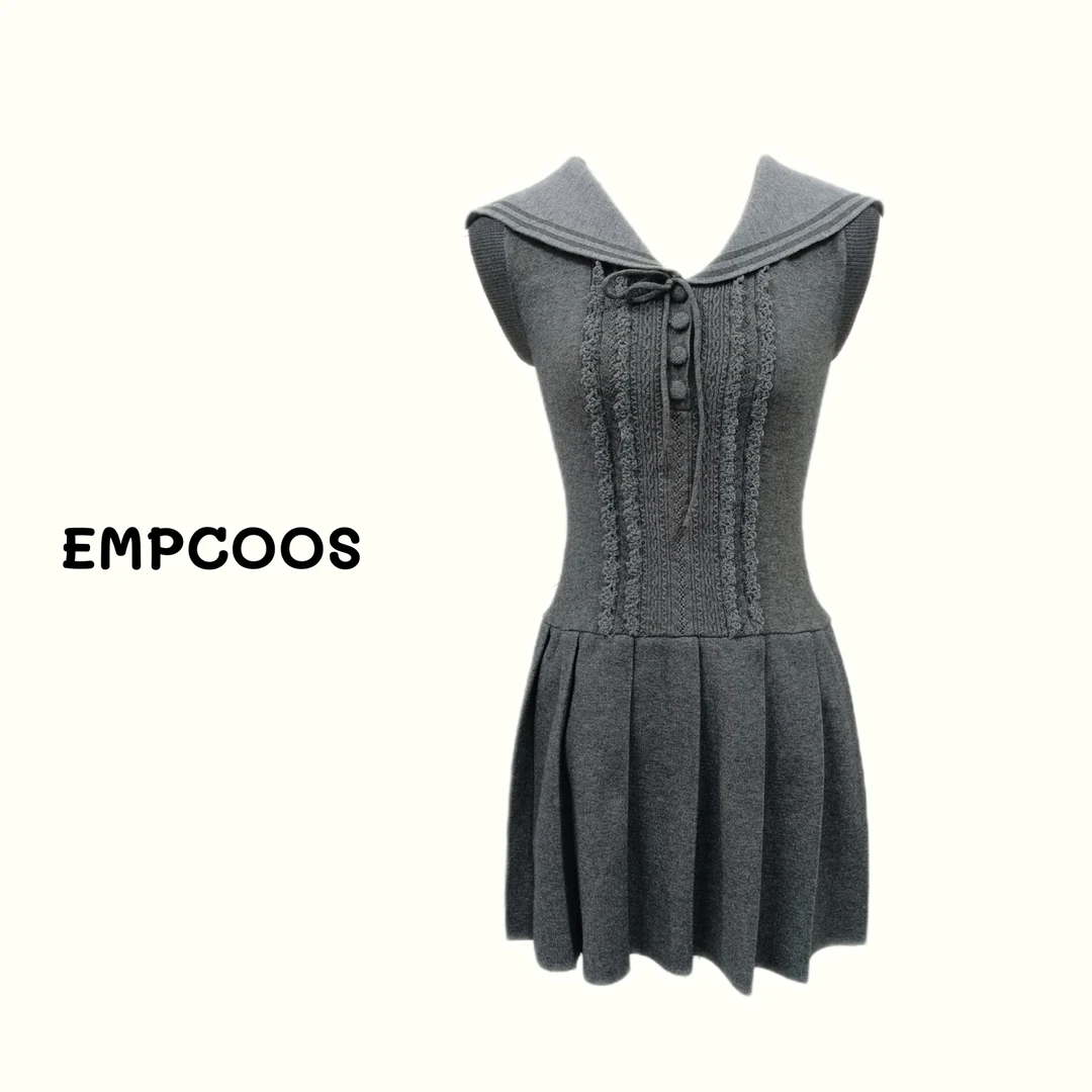 夏季法式学院风海军领花边无袖针织衫连衣裙A149