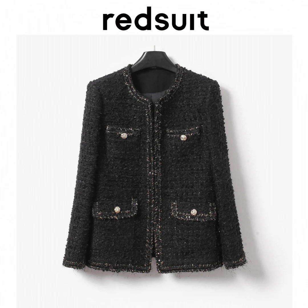 redsuit 重工进口ch@原厂粗花呢小香风黑色短外套四口袋手工上衣
