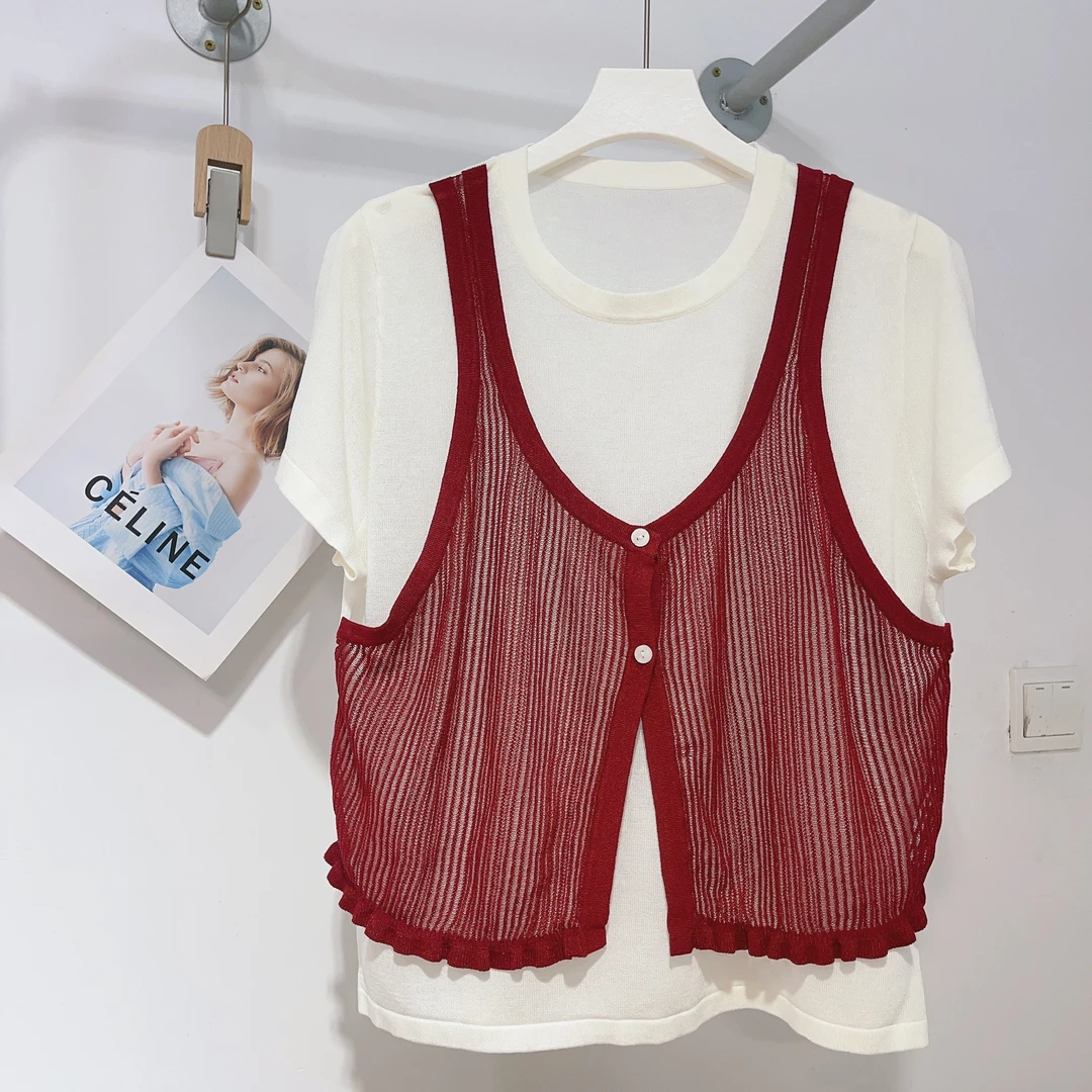 韩系木耳边背心假两件针织短袖夏季百搭时尚气质休闲