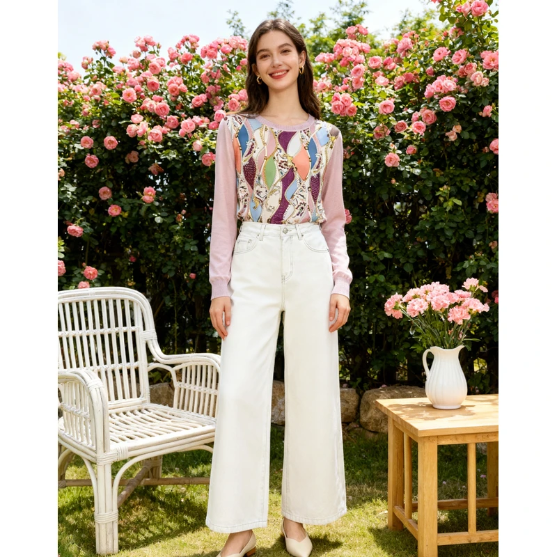 2025秋【紫薇风铃】25224桑蚕丝 印花拼接绢丝长袖上衣