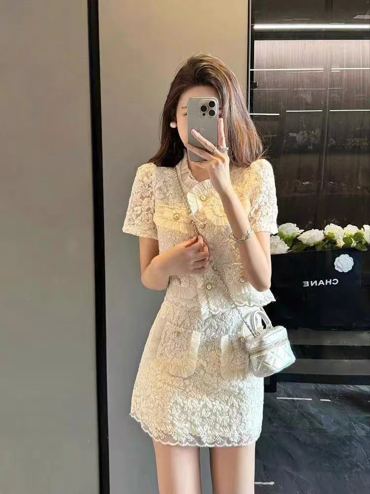 夏季新款小香风轻奢时尚上衣女小个子洋气减龄蕾丝半身裙两件套