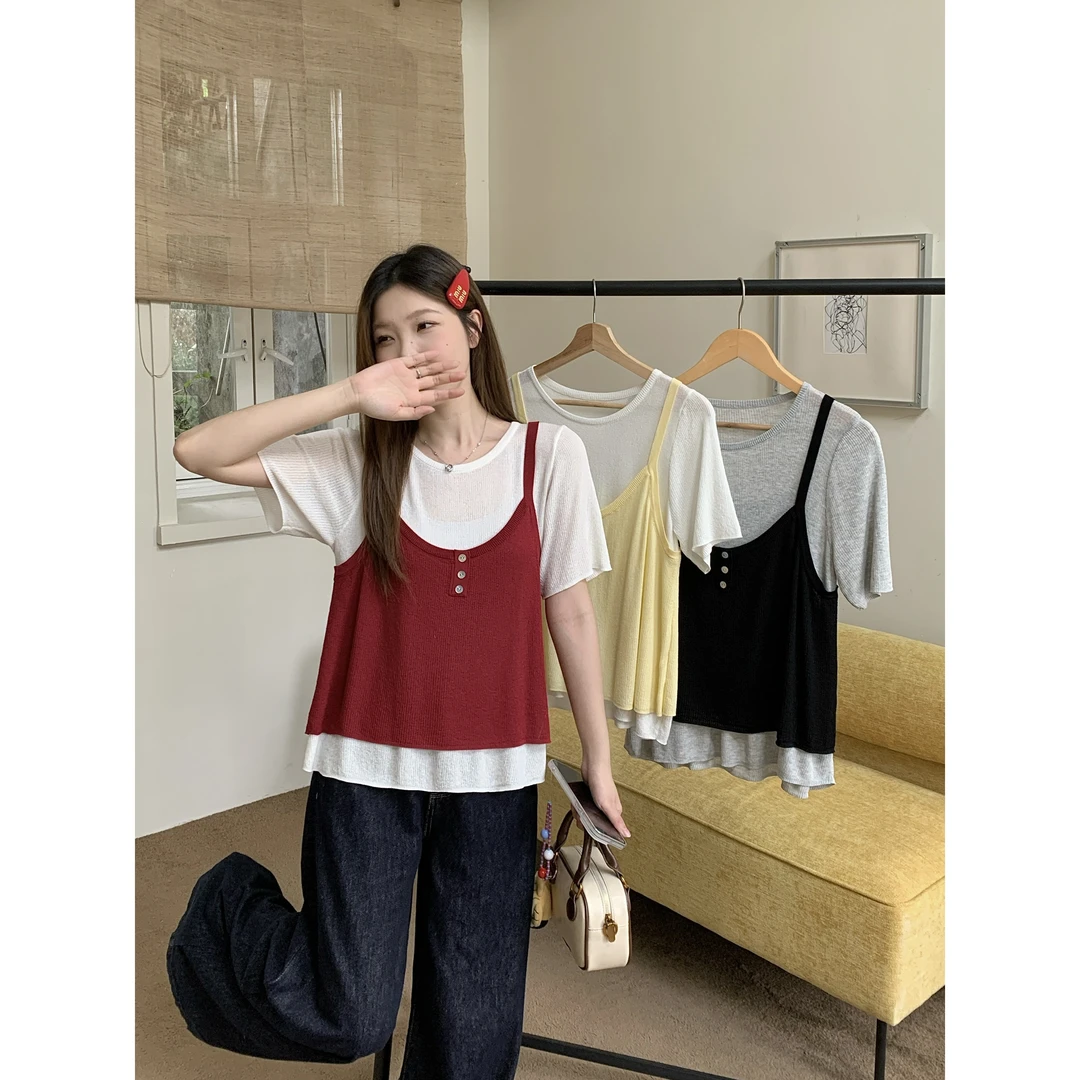 2025夏季胖mm大码女韩系撞色假两件针织衫叠穿吊带拼接上衣68650