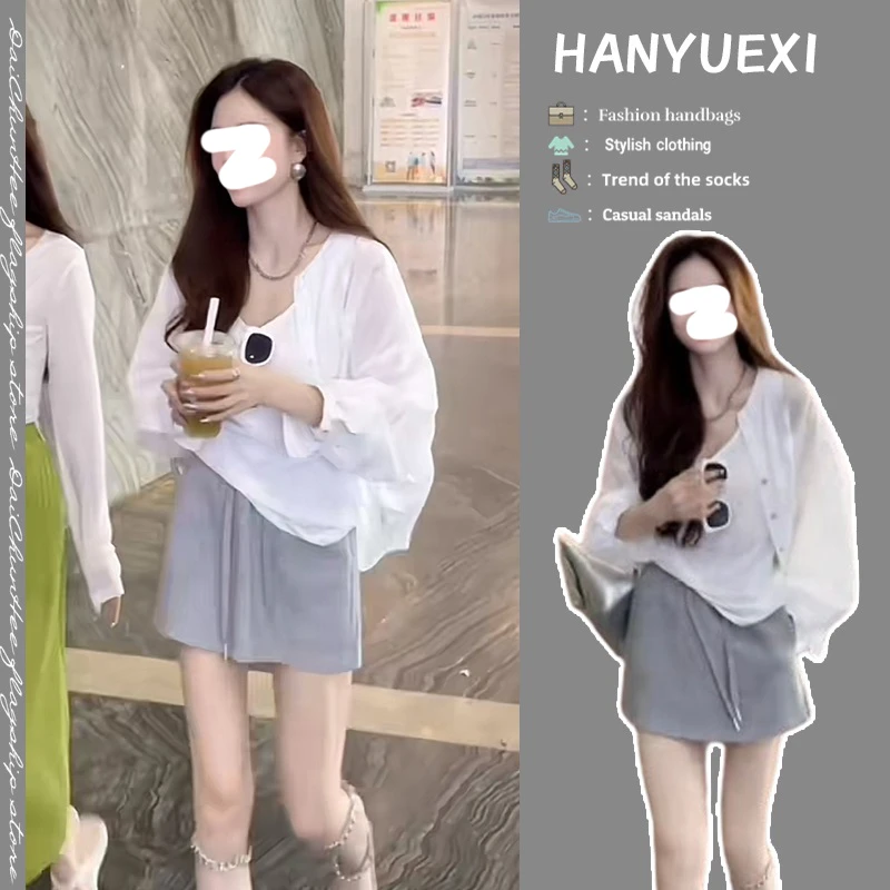 【现货】今年流行一整套2025新款百搭背心长袖衬衫休闲短裙三件套装