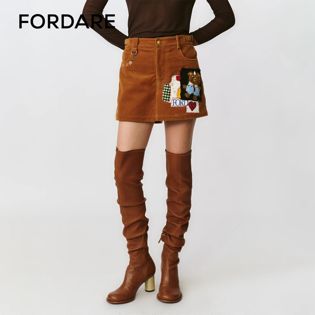 FORDARE/福蝶 秋冬新品 复古拼布领带小熊灯芯绒裙裤A字3366