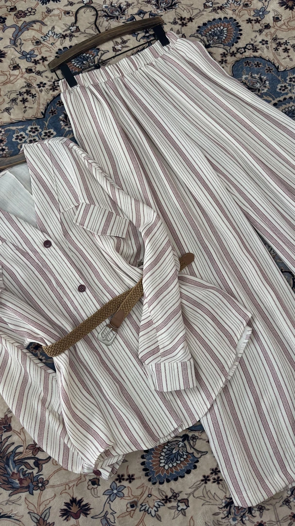 休闲宽松时尚亚麻女条纹套装长袖