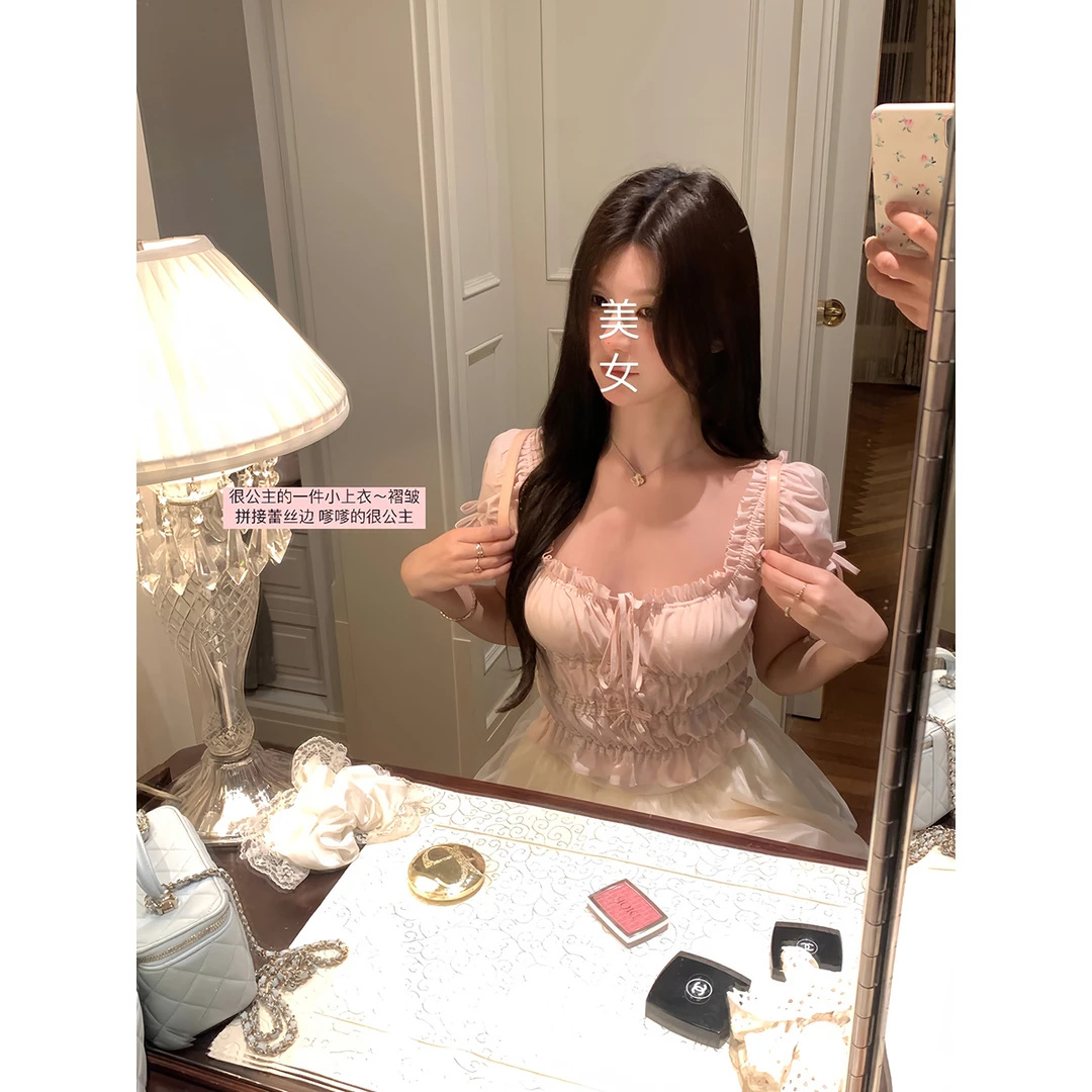 白水女【现现】嗲嗲公主 方领泡泡袖雪纺衫显瘦短袖上衣B50550545