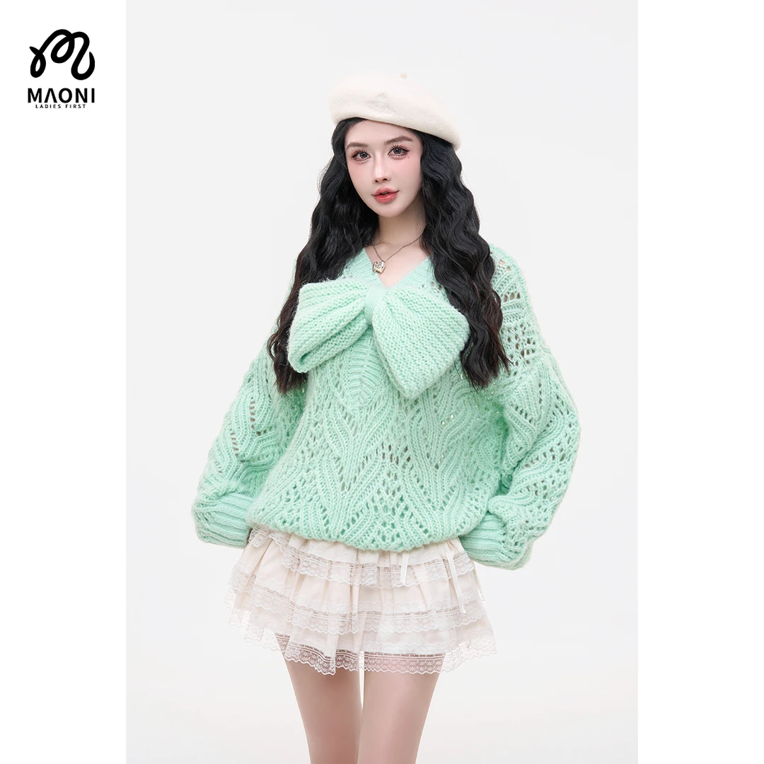 毛妮LADIESFIRST【柔纱薄荷】镂空设计甜美蝴蝶结装饰女毛衣L2498