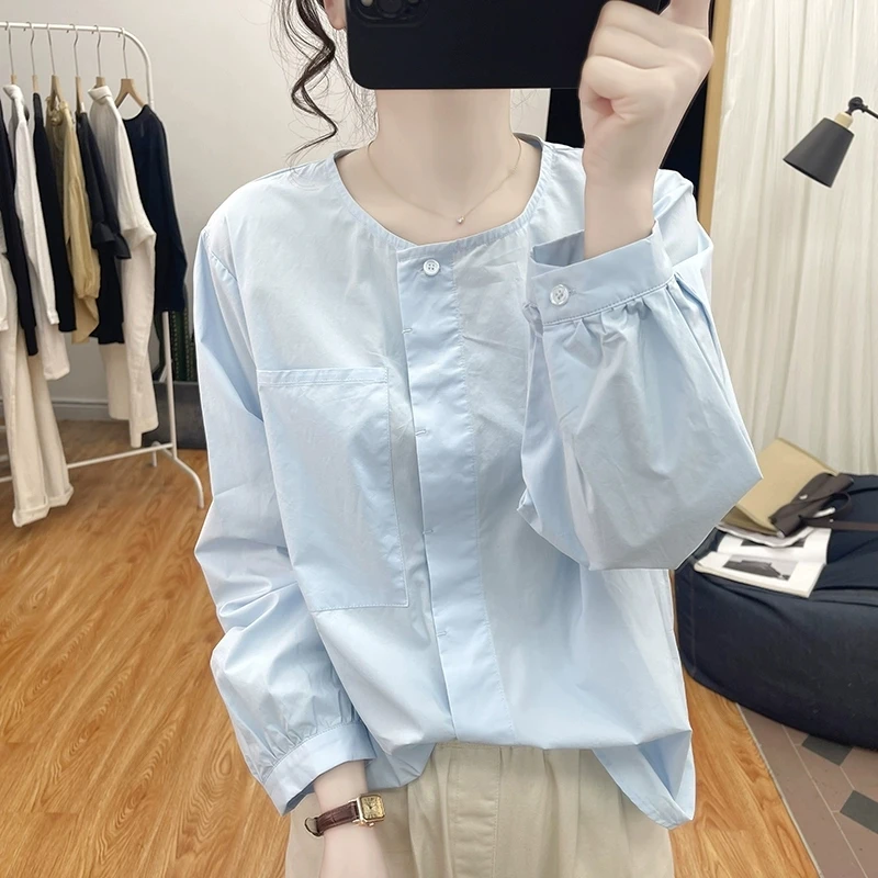 港味复古纯棉灯笼袖长袖衬衫女圆领减龄上衣时尚春新款衬衣娃娃衫