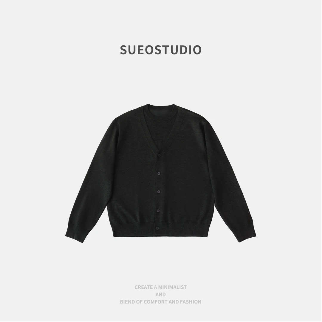 SUEO【100天咝·假两件开衫】亲肤柔软高支密纱纯色百搭微阔针织毛衣