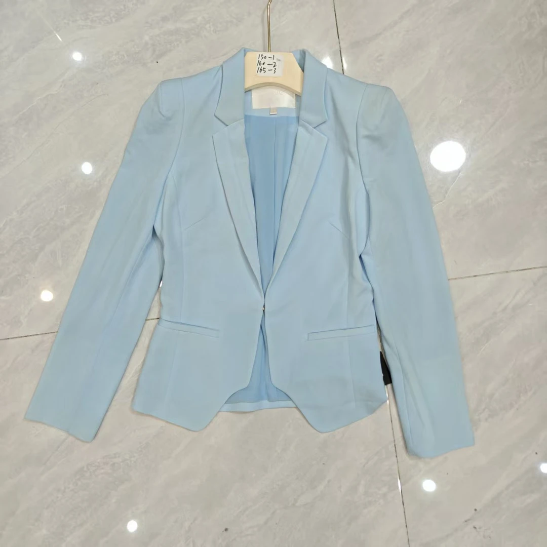 1422#1415#纯色百搭长袖韩版春款蓝色西装纽扣女秋季修身短款
