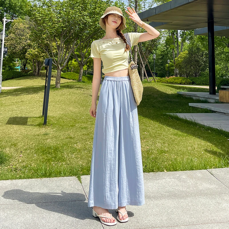 2025夏季新款微弹力纯色高腰显瘦小个子阔腿裤时尚休闲裤