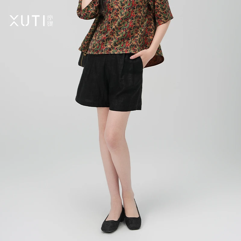序缇春夏新款国风复古新中式女装香云纱桑蚕丝短裤J37-12807