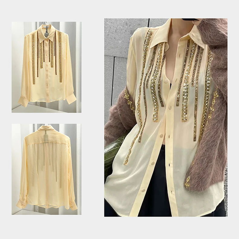翻领重工亮片钉珠织带衬衫919