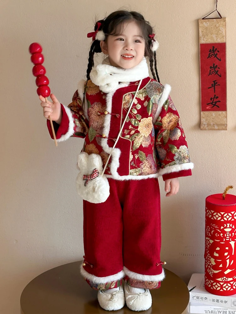 MK&DK女童洋气冬汉服套装拜年服女宝宝加厚唐装春节过年国风中式