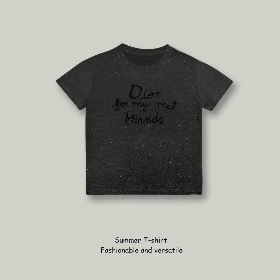 2025夏季新款时尚百搭洋气短袖T恤女字母撒银圆领显瘦遮肉上衣女