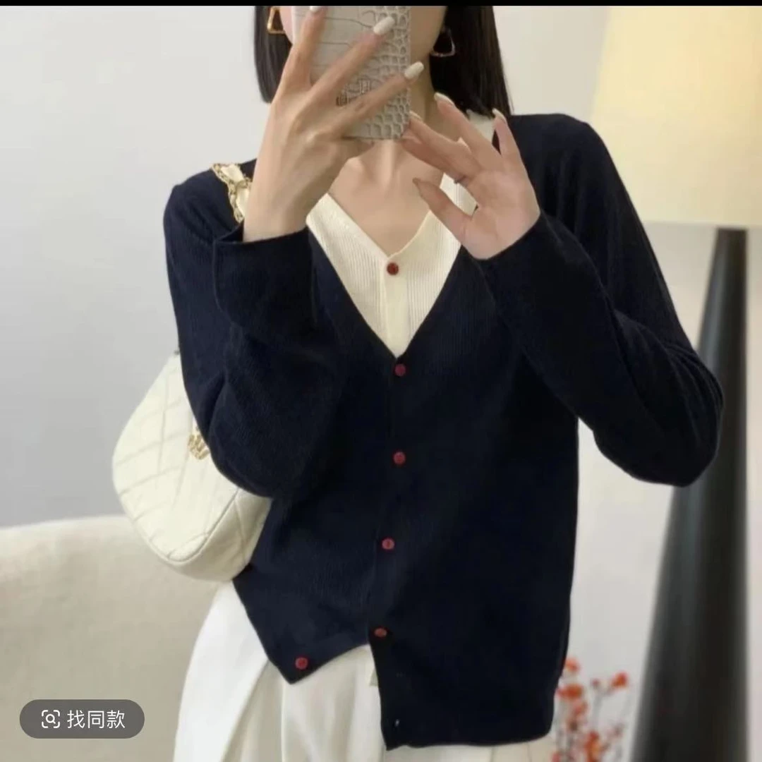 韩版设计感春秋新款拼接撞色慵懒风V领假两件针织衫毛衣女装上衣