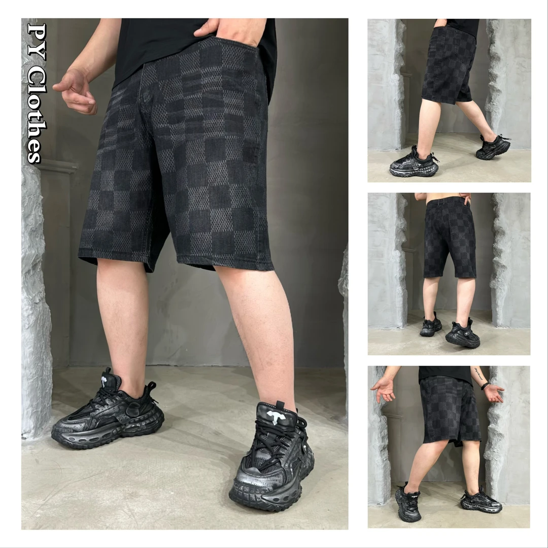 胖语大码男装 2025夏季新款高弹简约百搭提花方格牛仔短裤6388#F