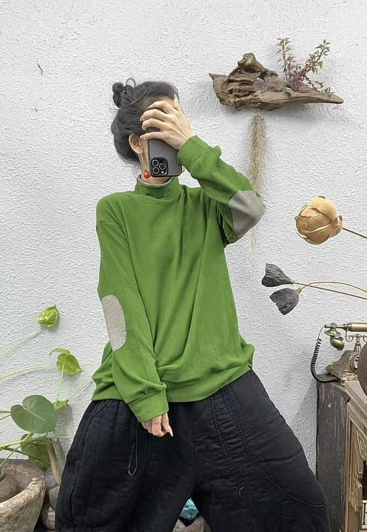 88007-2奥绒高领领口拼色手臂贴布打底上衣（长68胸围132-160