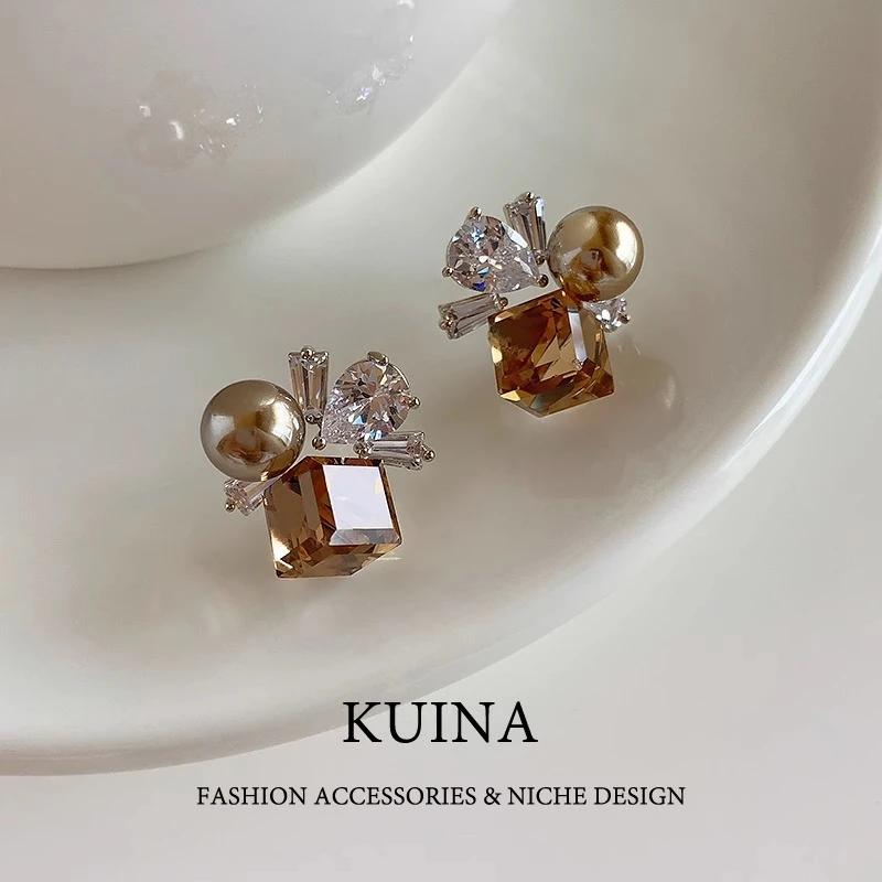 925银玻璃耳饰 S925银针气质独特高级感精致小众珍珠耳环不规则