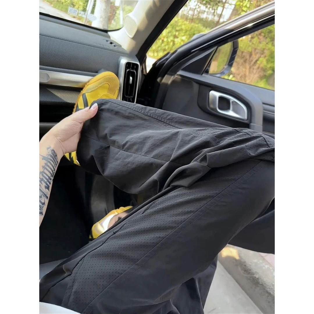 黑色冰丝网眼裤子男款夏季薄款透气速干裤直筒垂感美式休闲运动裤