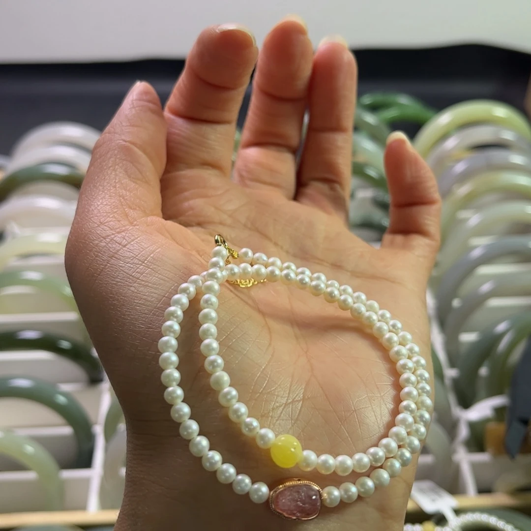 银S925镶嵌淡水珍珠两圈手链墨*