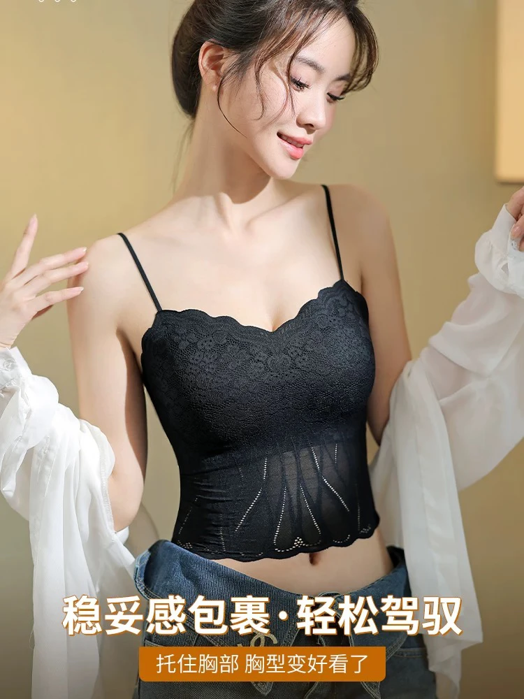 法式花卉蕾丝美背吊带背心带胸垫