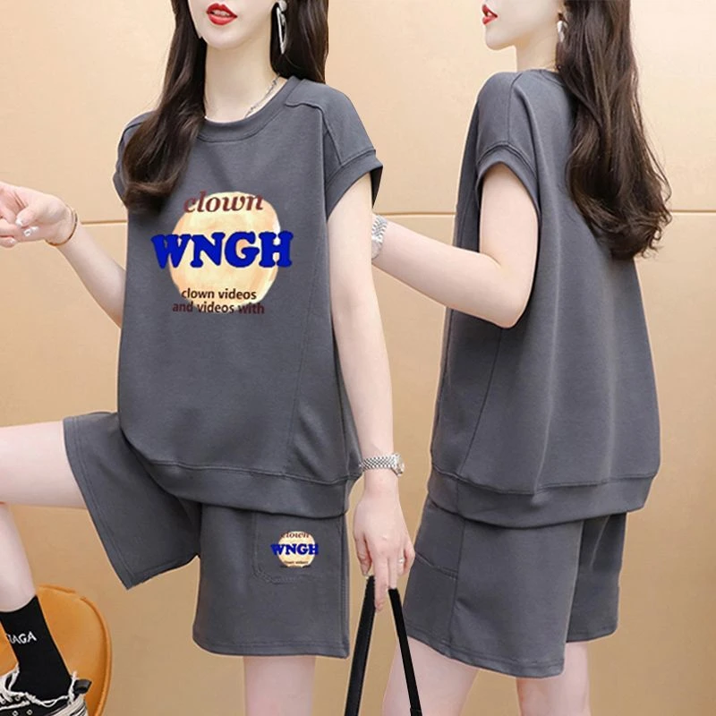 夏季百搭纯棉短袖T恤+短裤两件套女2025新款洋气宽松休闲运动套装