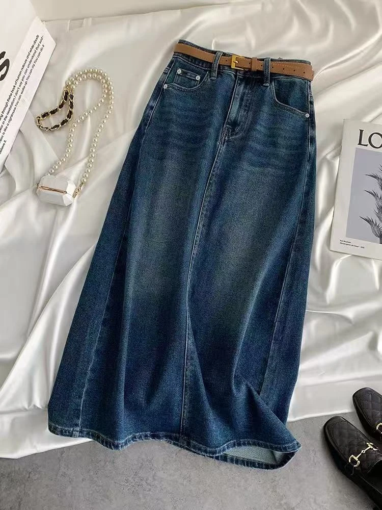 A1-40毛边牛仔半身裙女春2025新款高腰复古显瘦遮胯a字开叉中长裙