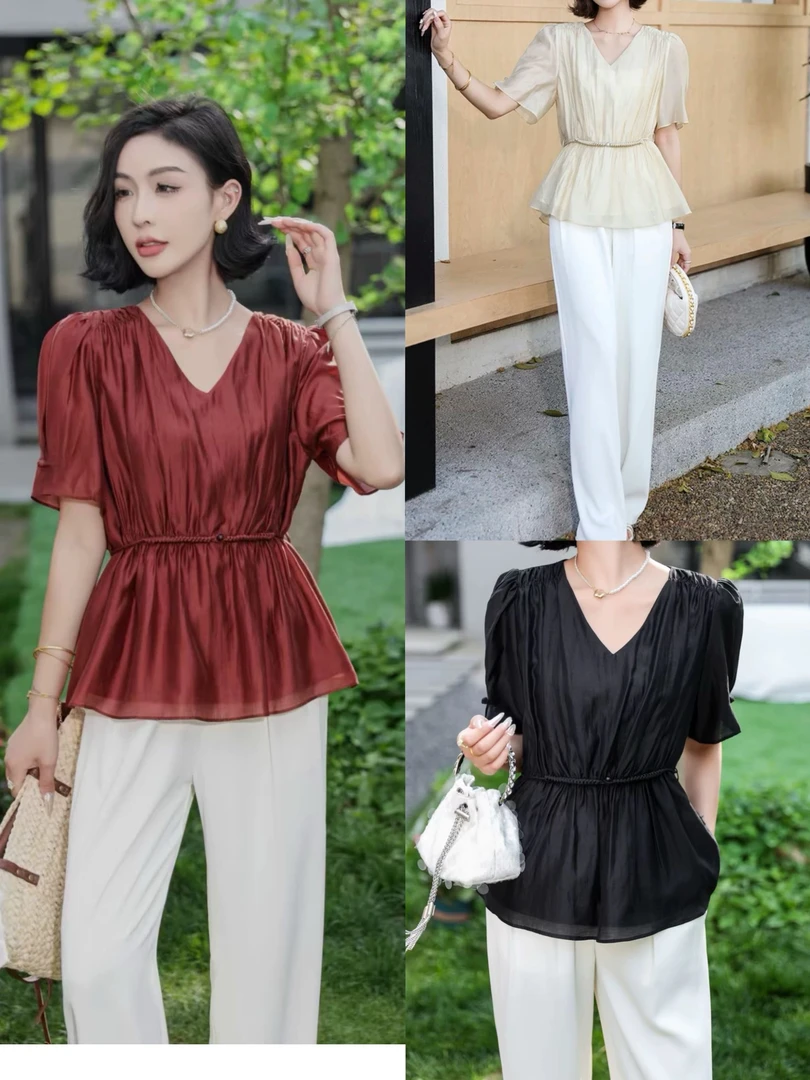 【锦衣服饰】DH 8819法式高级感泡泡袖小衫V领气质收腰显瘦百搭