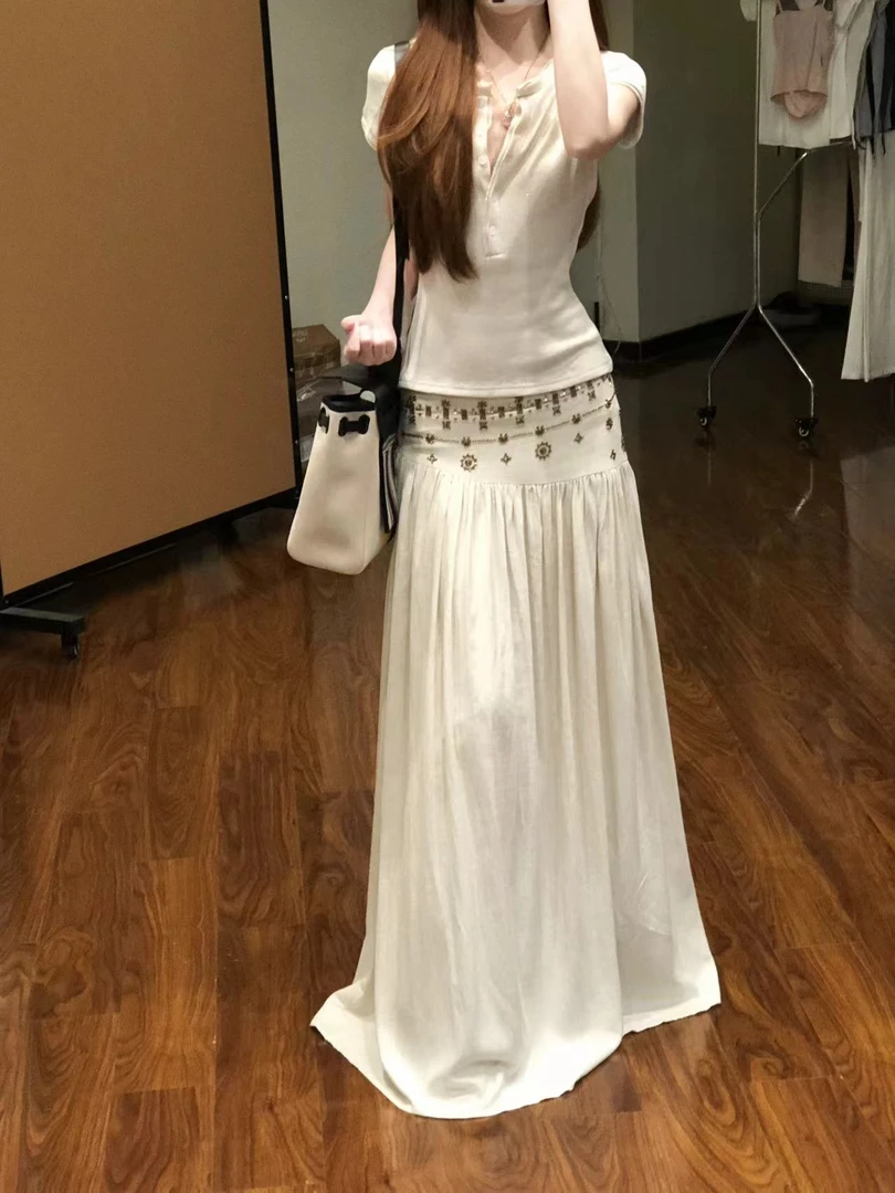 早秋度假A字半身裙女裙子假日复古百搭休闲珠片低腰烫钻长裙8462