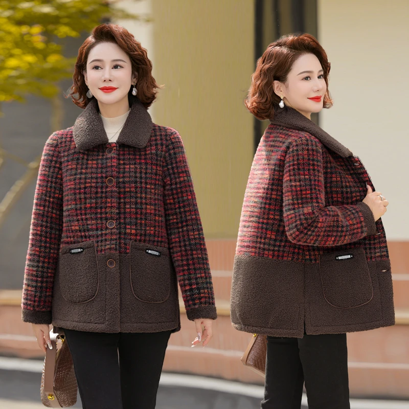 中老年外套毛呢格子秋冬妈妈装上衣冬装加厚中年短款女装加绒洋气