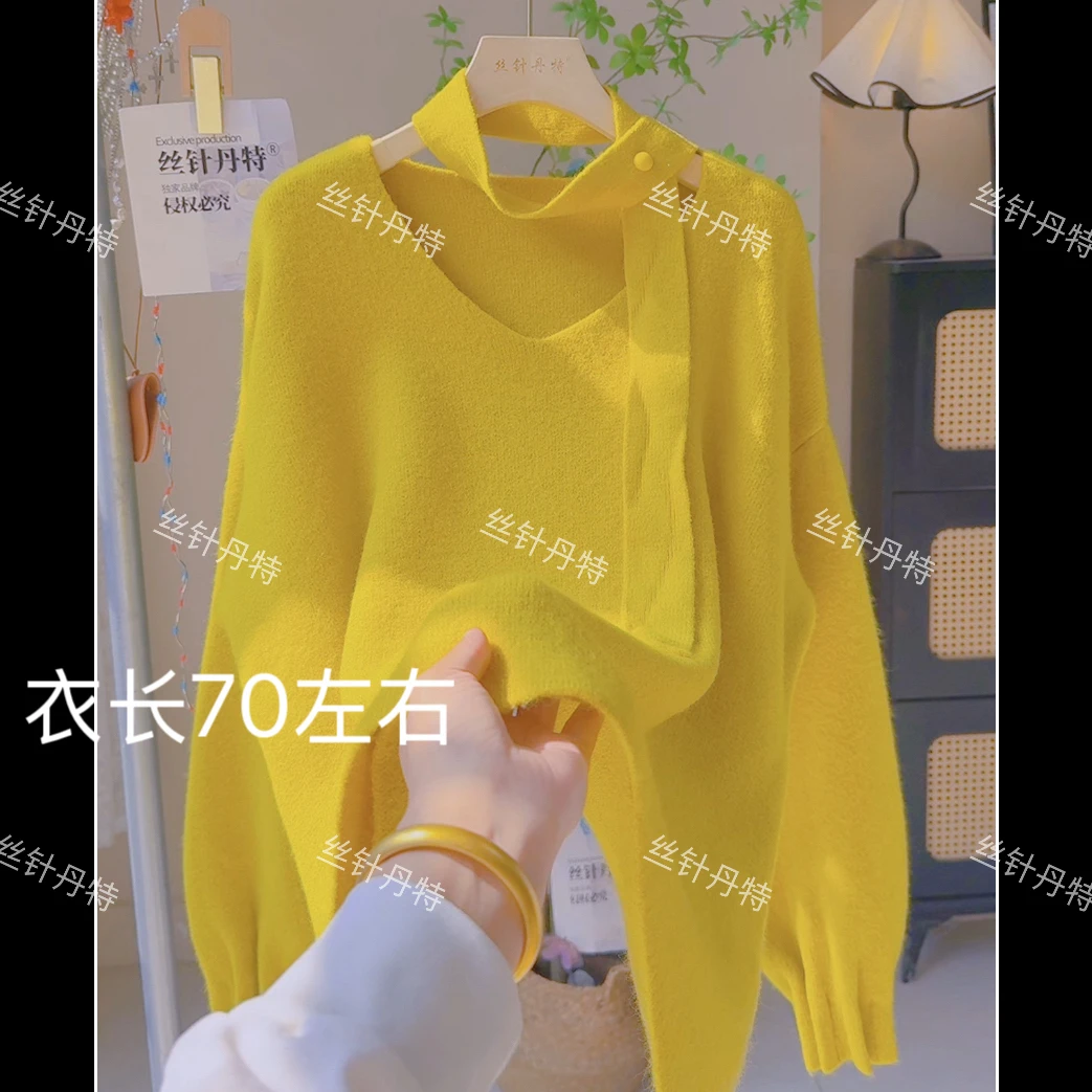 千-飘带V领韩系设计感百褶袖中长款毛衣女秋冬宽松慵懒风针织衫