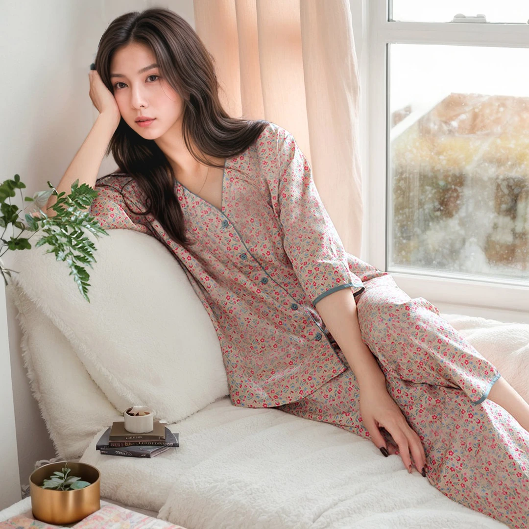 2025新款碎花睡衣女夏季薄款九分裤大码宽松家居服春秋七分袖套装