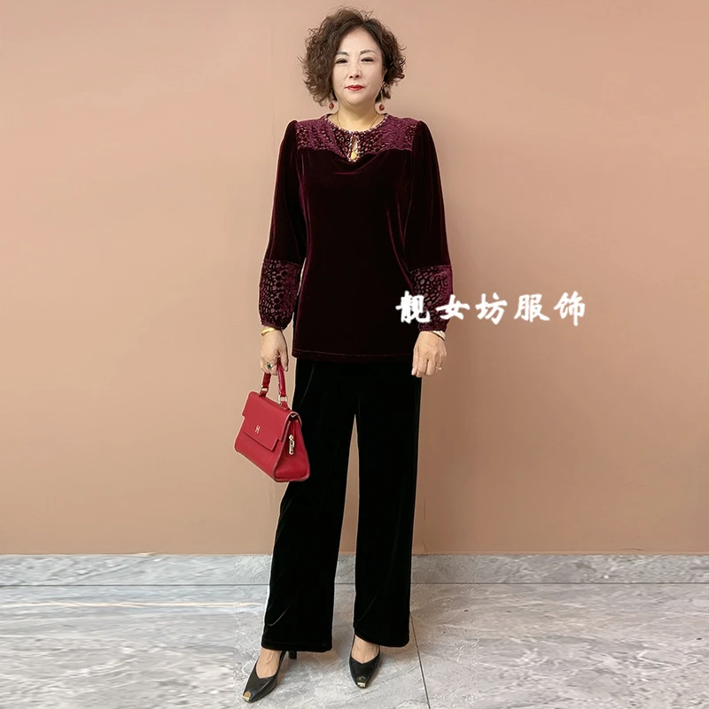 秋冬时尚阔太太丝绒植绒烧花上衣中年妈妈宽松遮肉洋气打底旗袍衫