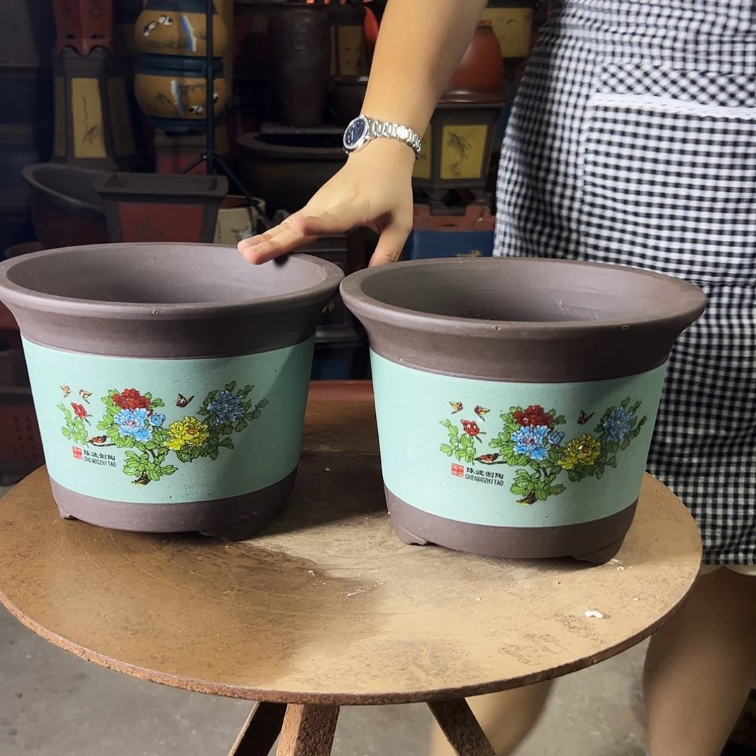 宜兴紫砂花盆陈波金钟绿色中一对