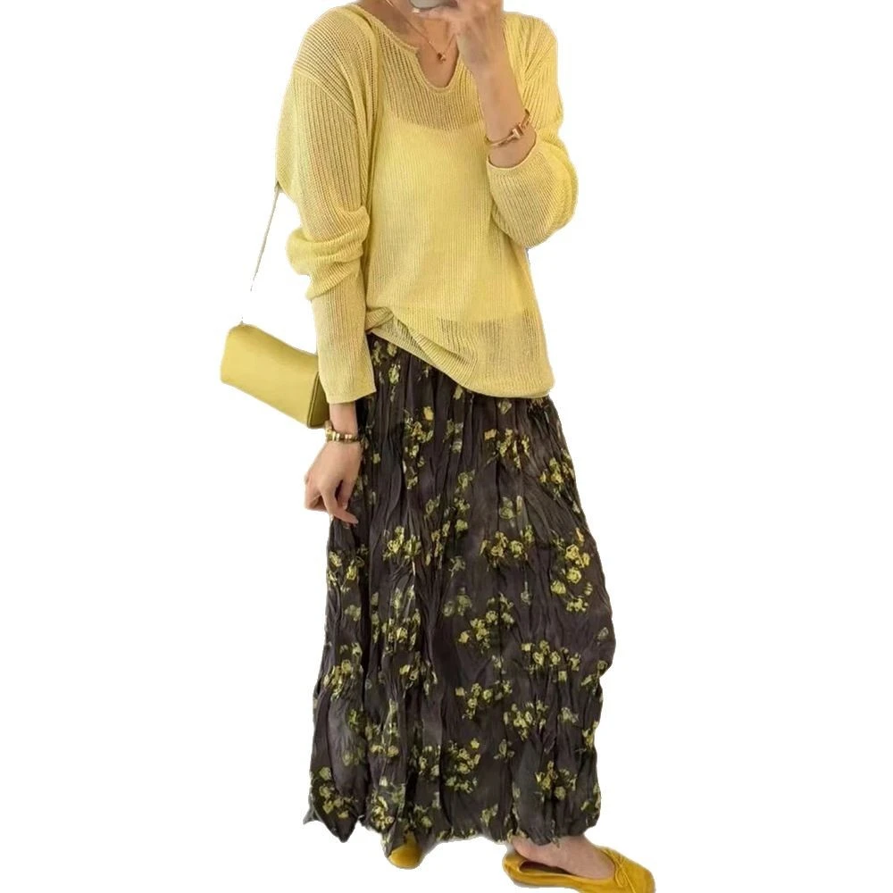 【韩系小碎花高级感半身裙女2025春夏新宽松高腰小个子百搭中长款