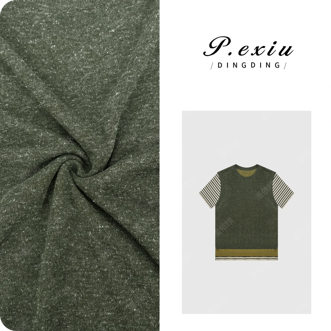 亚麻天丝假两件撞色条纹短袖针织上衣C001