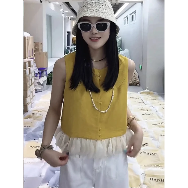 2025年夏季新款法式小香风无袖背心衬衫女设计感小众荷叶边上衣女