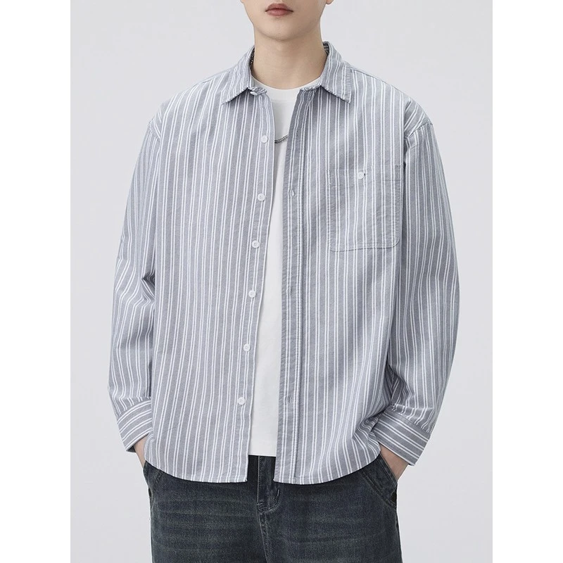 DeweLvum日系复古条纹衬衫男长袖宽松休闲百搭时尚衬衣外套上衣男