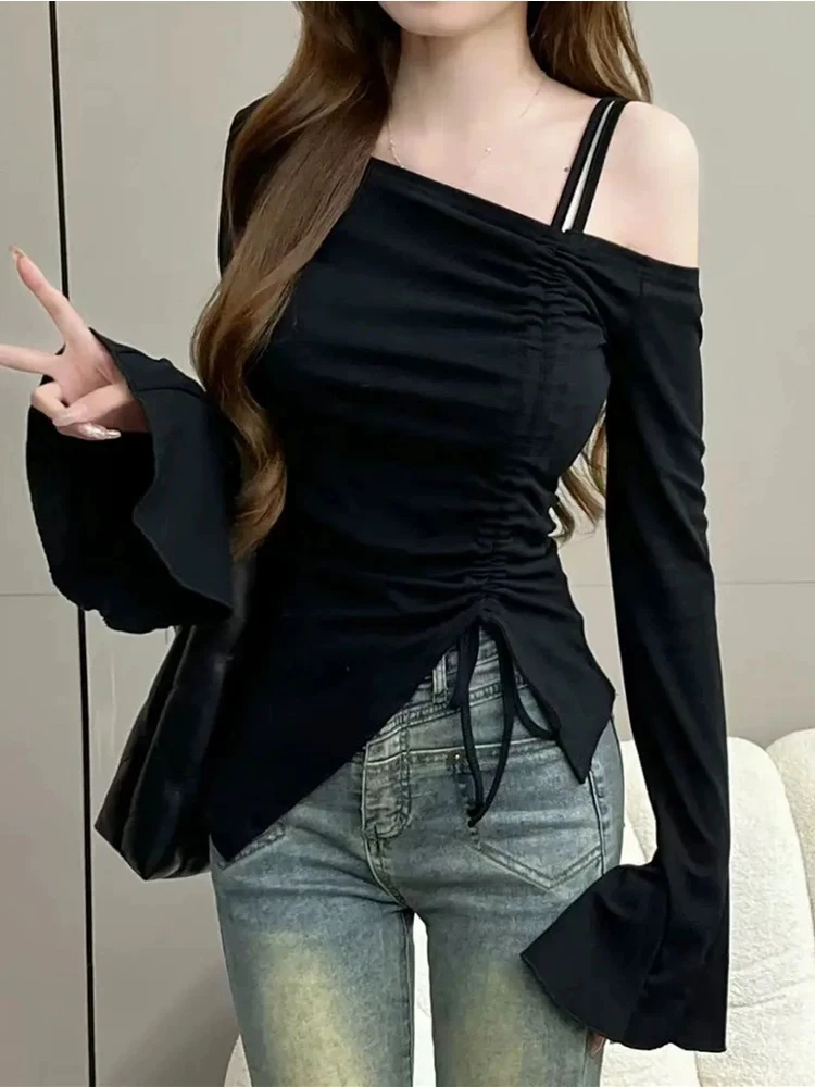 依依家大码女装511春款显瘦遮肉打底衫性感斜肩抽绳系带收腰露肩