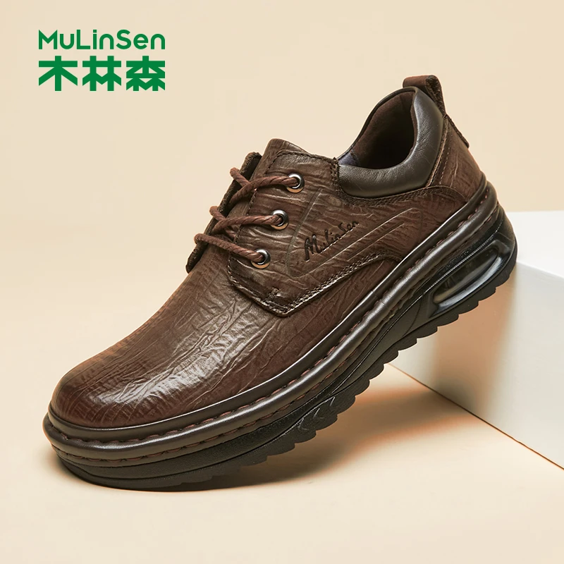 木林森男鞋2025秋冬季黑色商务休闲皮鞋正装舒适防滑系带透气真皮