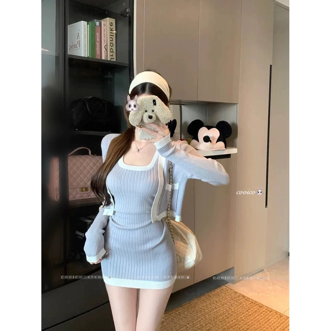 纯欲小香风气质套装女秋性感高级感吊带连衣裙长袖针织开衫两件套