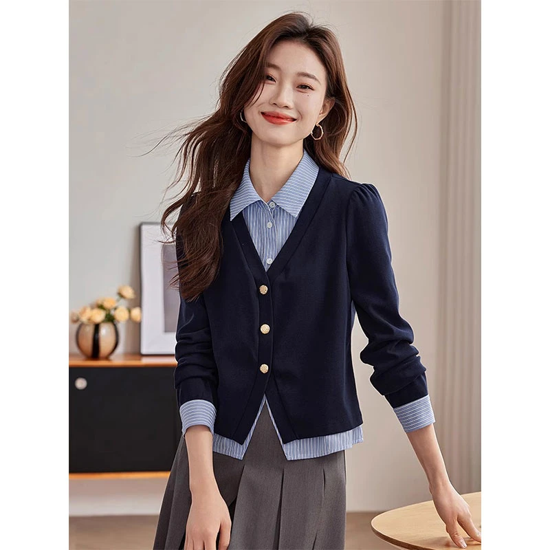 拉夏贝尔假两件针织衫女2025秋季新款学院风气质设计感长袖上衣女