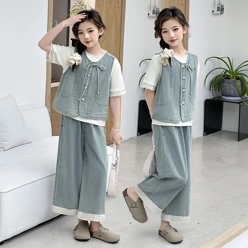 女童夏装套装时尚3-15岁休闲短袖内搭中大童牛仔马甲阔腿裤三件套