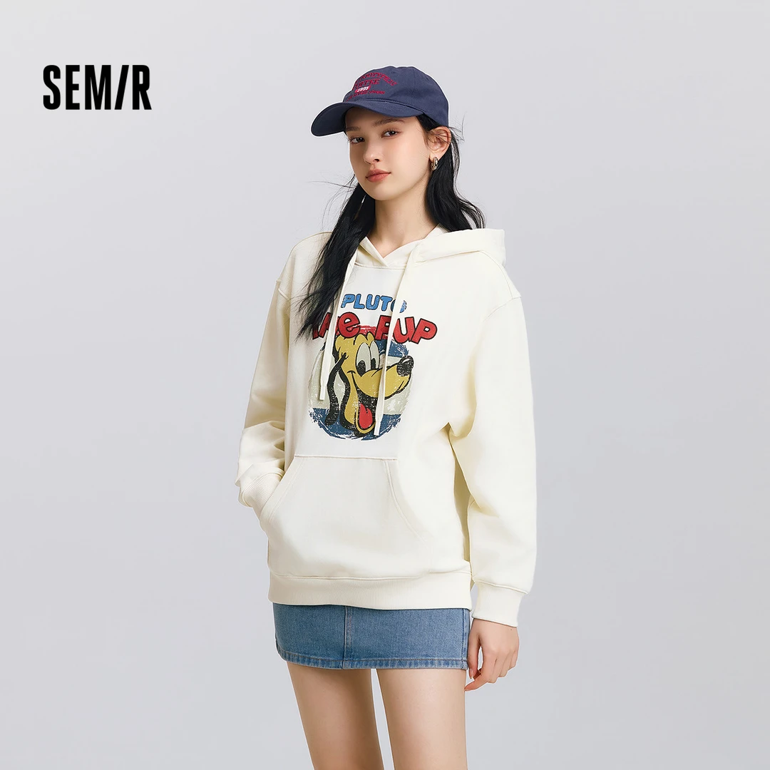 迪士尼合作系列森马卫衣女春中长款连帽宽松印花绣花炸街重磅上衣